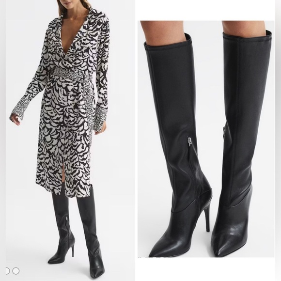Reiss carina classic knee high leather boots in black NWT - Picture 1 of 10